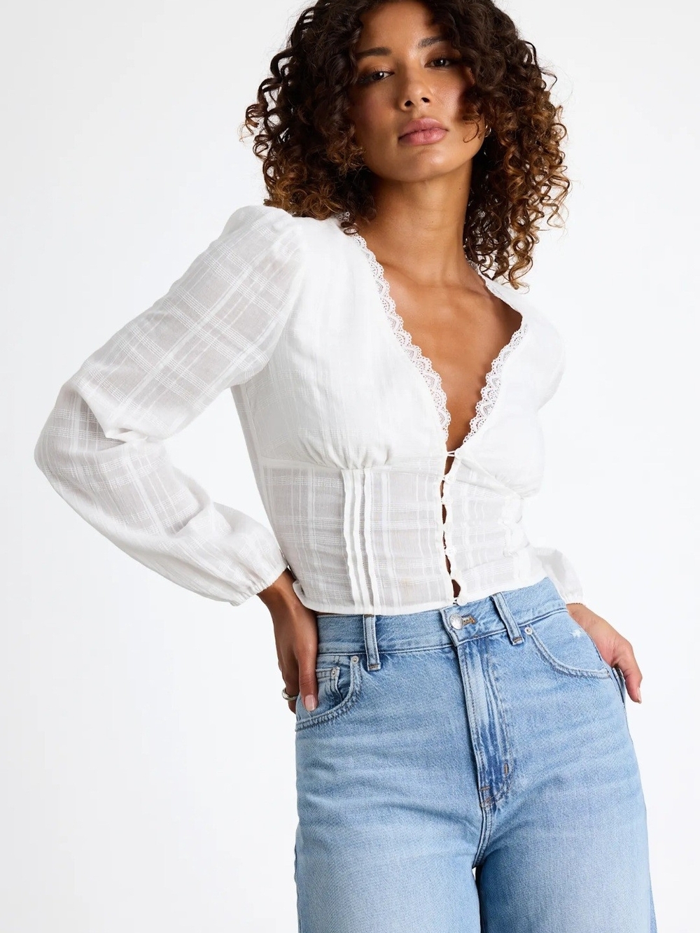 NWT Lulus Keyra Ivory Button-Front Balloon Sleeve Crop Top in white sz XL - Picture 5 of 8